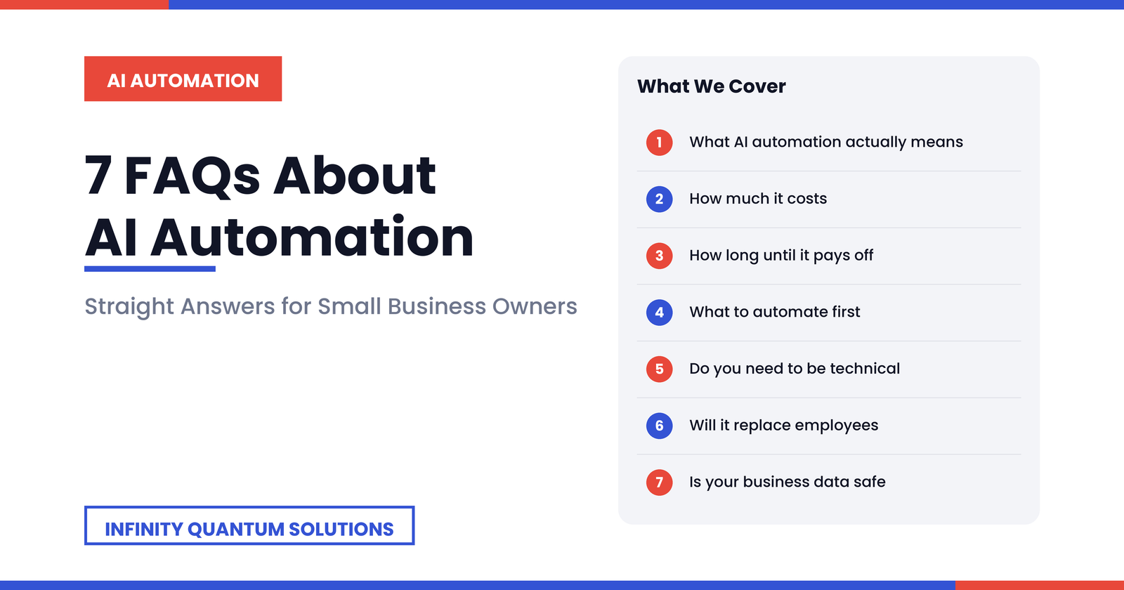 7 frequently asked questions about AI automation for small businesses covering cost, ROI, technical requirements, employee impact, and data safety